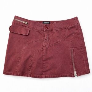 Bebe Mini Skirt - Size 28 - Maroon with Zipper Accents - Y2K Style